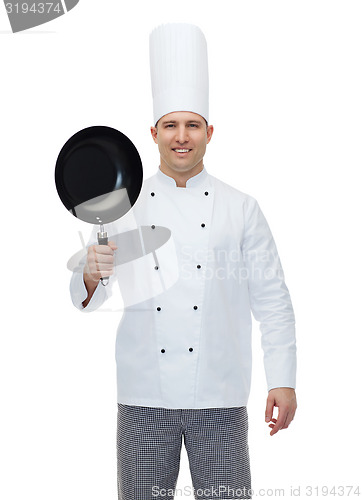 Image of happy male chef cook holding frying pan