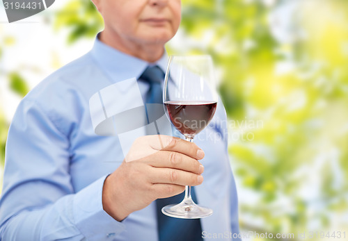 Image of close up of senior man holding glass with red wine