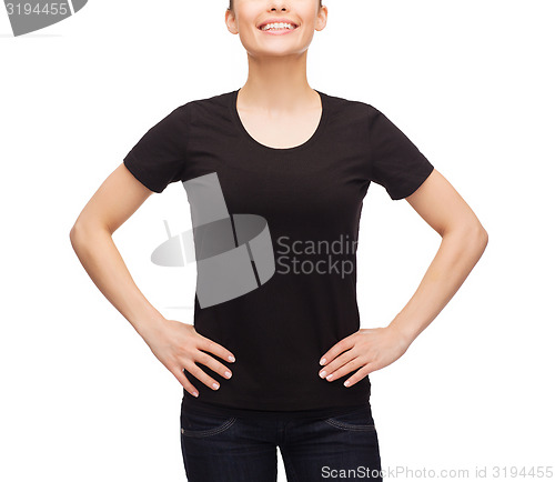 Image of smiling woman in blank black t-shirt