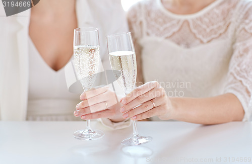 Image of close up of lesbian couple with champagne glasses