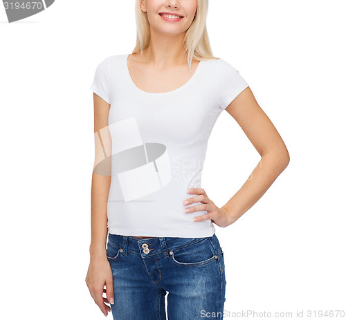 Image of smiling woman in blank white t-shirt