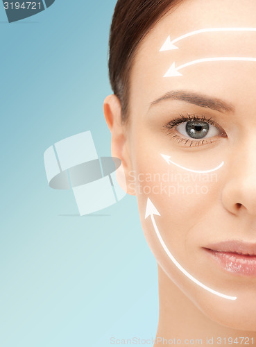 Image of beautiful young woman face with facelift marks