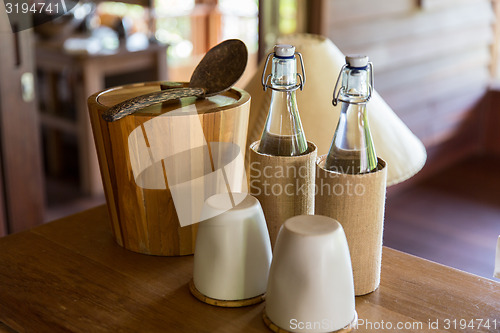 Image of kitchenware on table at hotel room