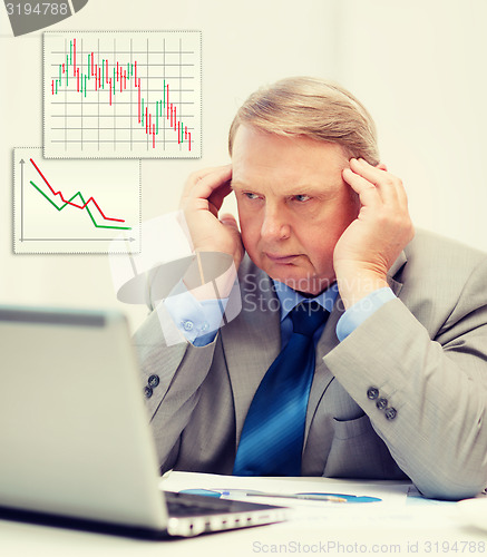 Image of upset older businessman with laptop in office