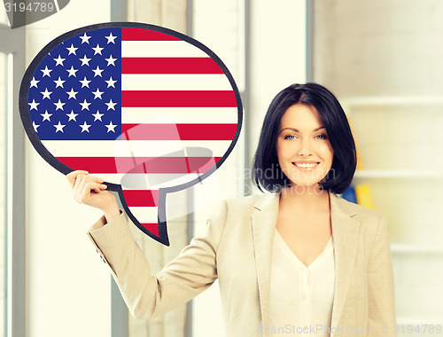 Image of smiling woman with text bubble of american flag