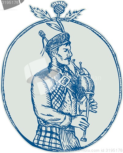 Image of Scotsman Bagpiper Playing Bagpipes Etching