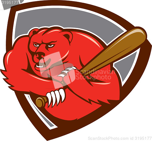 Image of Grizzly Bear Baseball Player Batting Shield Cartoon