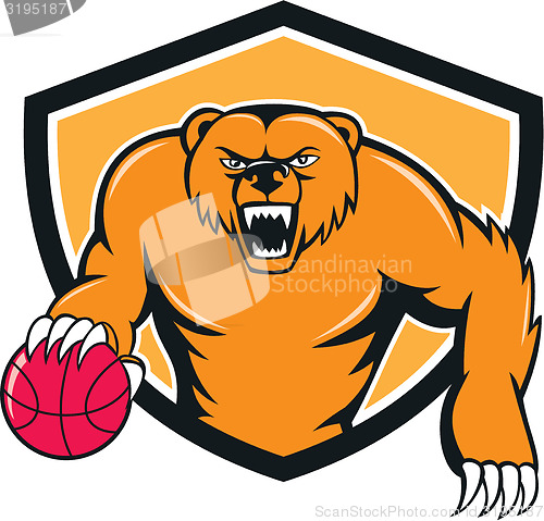 Image of Grizzly Bear Angry Dribbling Basketball Shield Cartoon
