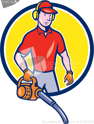 Image of Gardener Landscaper Leaf Blower Circle Cartoon