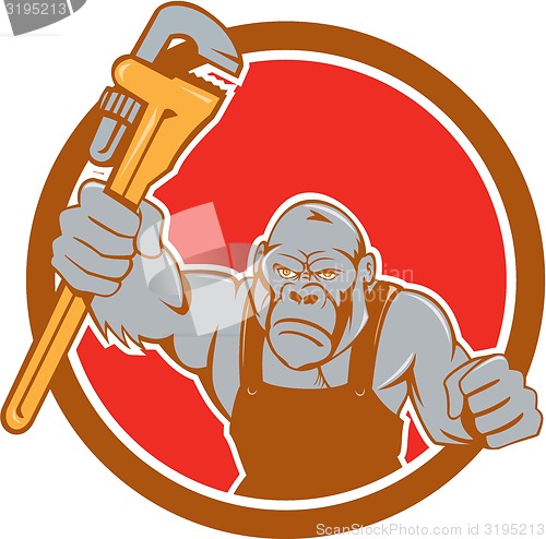Image of Angry Gorilla Plumber Monkey Wrench Circle Cartoon