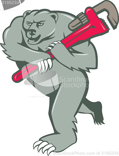 Image of Grizzly Bear Plumber Monkey Wrench Cartoon