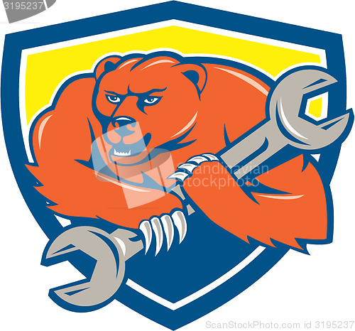 Image of Grizzly Bear Mechanic Spanner Shield Cartoon 