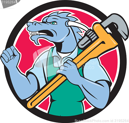 Image of Dragon Plumber Monkey Wrench Fist Pump Cartoon