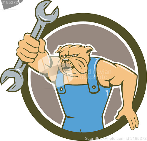 Image of Bulldog Mechanic Holding Spanner Circle Cartoon