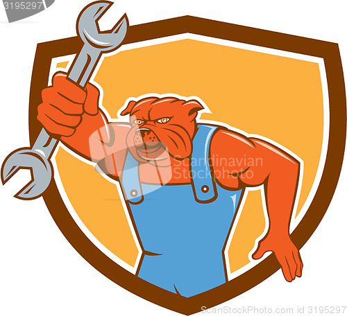 Image of Bulldog Mechanic Holding Spanner Shield Cartoon