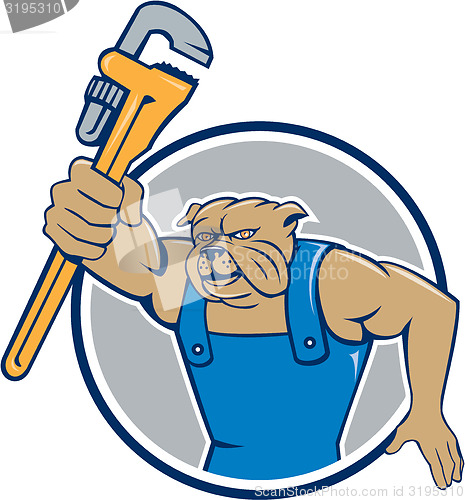 Image of Bulldog Plumber Monkey Wrench Circle Cartoon