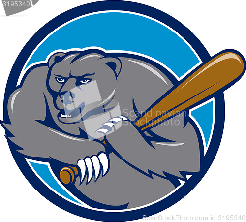 Image of Grizzly Bear Baseball Player Batting Circle Cartoon