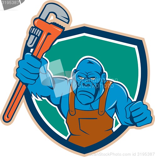 Image of Angry Gorilla Plumber Monkey Wrench Shield Cartoon
