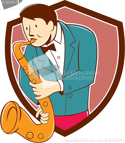 Image of Musician Playing Saxophone Shield Cartoon