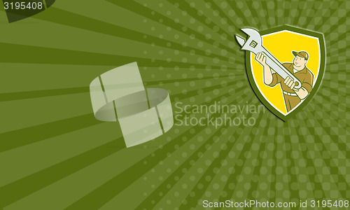 Image of Business card Mechanic Presenting Spanner Wrench Shield Cartoon