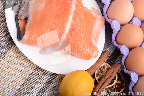 Image of Slice of red fish salmon with fruits