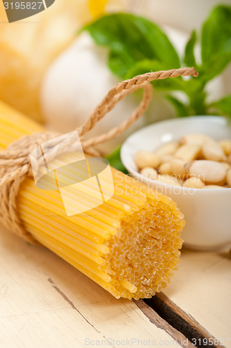 Image of Italian traditional basil pesto pasta ingredients
