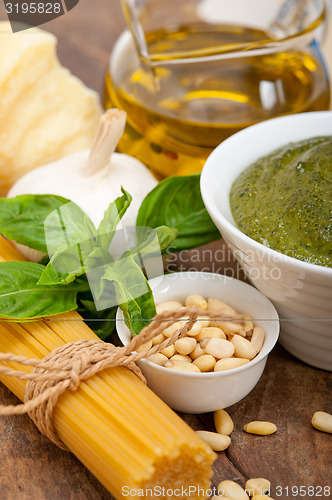 Image of Italian traditional basil pesto pasta ingredients