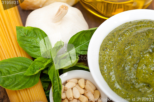 Image of Italian traditional basil pesto pasta ingredients