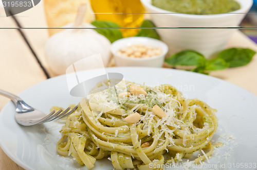 Image of Italian traditional basil pesto pasta ingredients