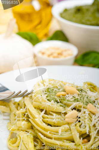 Image of Italian traditional basil pesto pasta ingredients