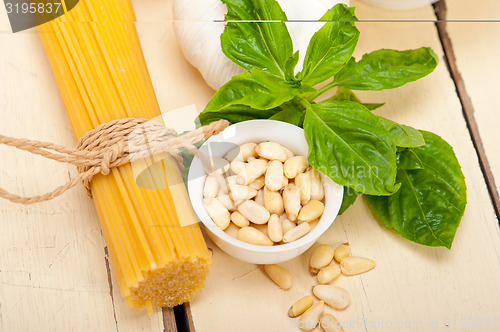 Image of Italian traditional basil pesto pasta ingredients