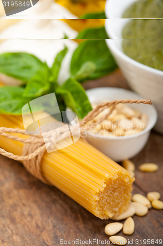 Image of Italian traditional basil pesto pasta ingredients