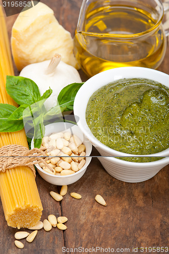 Image of Italian traditional basil pesto pasta ingredients