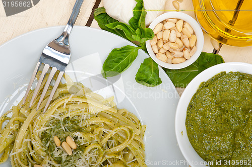 Image of Italian traditional basil pesto pasta ingredients