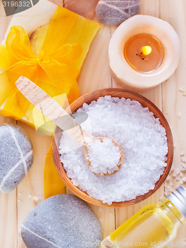 Image of sea salt, soap and towels