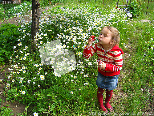 Image of little beautiful girl swelling soap bubbles