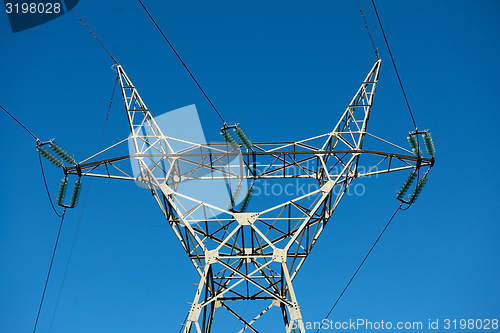 Image of Large transmission towers at sunset