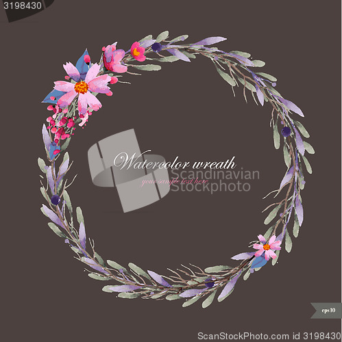 Image of Watercolor wreath with flowers,foliage and branch.