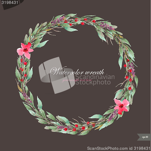 Image of Watercolor wreath with flowers,foliage and branch.