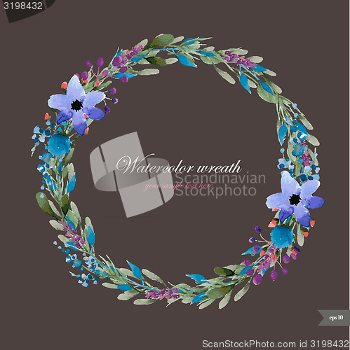 Image of Watercolor wreath with flowers,foliage and branch.
