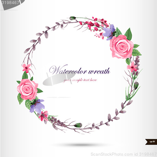 Image of Watercolor wreath with flowers,foliage and branch.