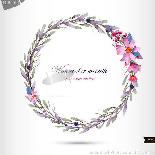 Image of Watercolor wreath with flowers,foliage and branch.