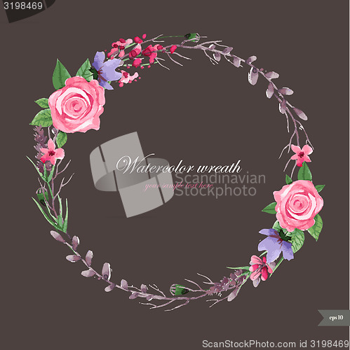 Image of Watercolor wreath with flowers,foliage and branch.