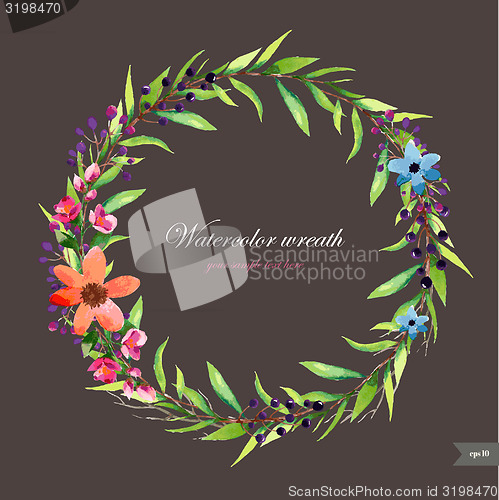 Image of Watercolor wreath with flowers,foliage and branch.