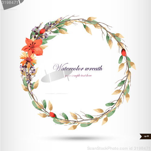 Image of Watercolor wreath with flowers,foliage and branch.