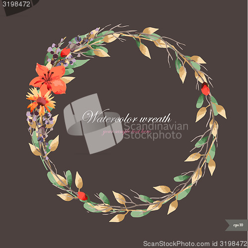 Image of Watercolor wreath with flowers,foliage and branch.