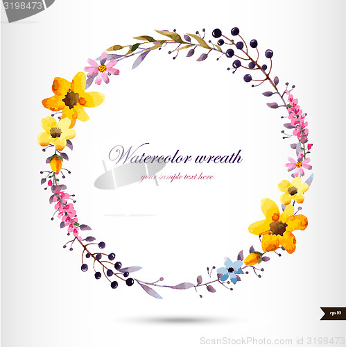 Image of Watercolor wreath with flowers,foliage and branch.