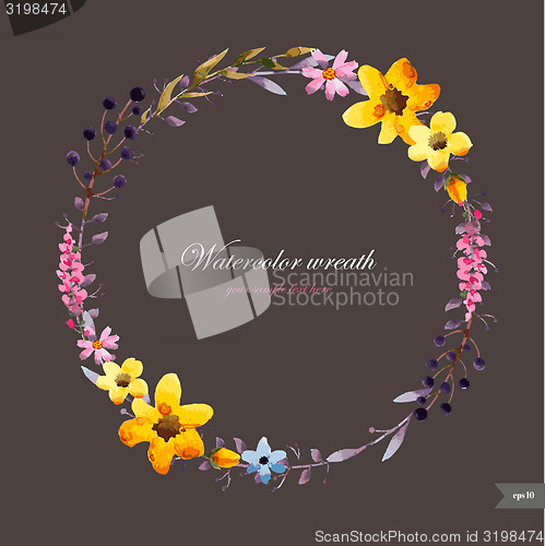 Image of Watercolor wreath with flowers,foliage and branch.