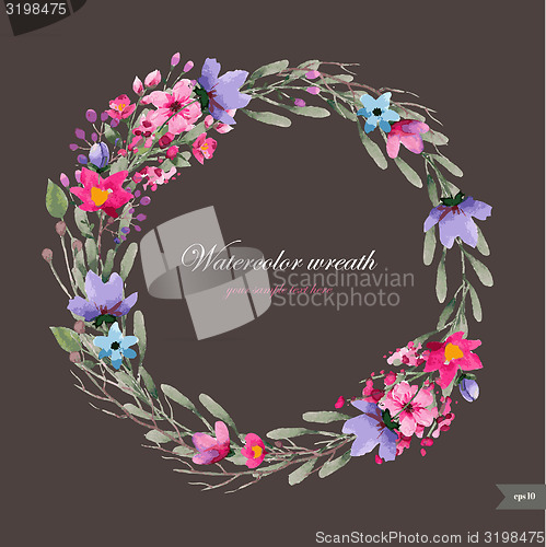 Image of Watercolor wreath with flowers,foliage and branch.