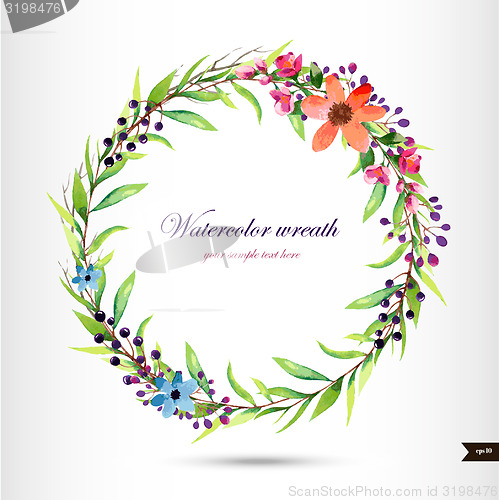 Image of Watercolor wreath with flowers,foliage and branch.